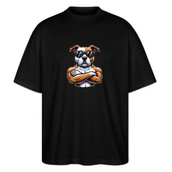 Cooler Hund Pitbull Sonnenbrille Cartoon Stil - Stanley/Stella Oversized Unisex Bio T-Shirt Blaster 2.0 - Schwarz - Vorne - Alina (178cm) & Michal (187cm)