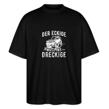 Das Dreckige muss ins Eckige Offroad Geländewagen - Stanley/Stella Oversized Unisex Bio T-Shirt Blaster 2.0 - Schwarz - Vorne - Alina (178cm) & Michal (187cm)