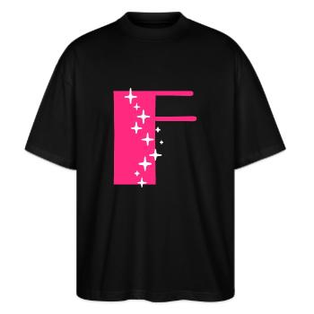 Buchstabe F Glitzer - Stanley/Stella Oversized Unisex Bio T-Shirt Blaster 2.0 - Schwarz - Vorne - Alina (178cm) & Michal (187cm)