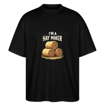 Lustiger Heumacher Bauernhof Lebensstil Heu - Stanley/Stella Oversized Unisex Bio T-Shirt Blaster 2.0 - Schwarz - Vorne - Alina (178cm) & Michal (187cm)