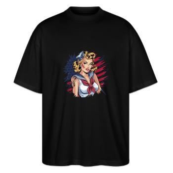 Retro Pin-Up im Marine-Look mit Amerikanischem - Stanley/Stella Oversized Unisex Bio T-Shirt Blaster 2.0 - Schwarz - Vorne - Alina (178cm) & Michal (187cm)