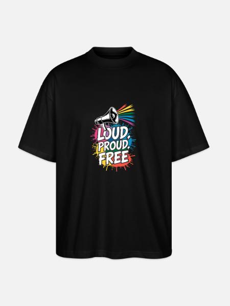 Loud, Proud, Free Megafon Regenbogen - Stanley/Stella Oversized Unisex Bio T-Shirt Blaster 2.0 - Schwarz