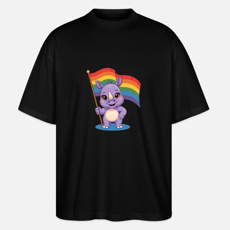 Rhinocéros mignon avec drapeau arc-en-ciel - T-shirt bio Blaster 2.0 coupe oversize Stanley/Stella Unisexe - noir