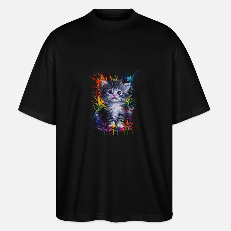 Bunte Aquarell Katze Mit Spritzern - Stanley/Stella Oversized Unisex Bio T-Shirt Blaster 2.0 - Schwarz