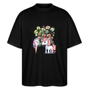 Erdbeer Einhorn Kinder Mädchen Frauen Teenie - Stanley/Stella Oversized Unisex Bio T-Shirt Blaster 2.0 - Schwarz - Vorne - Alina (178cm) & Michal (187cm)