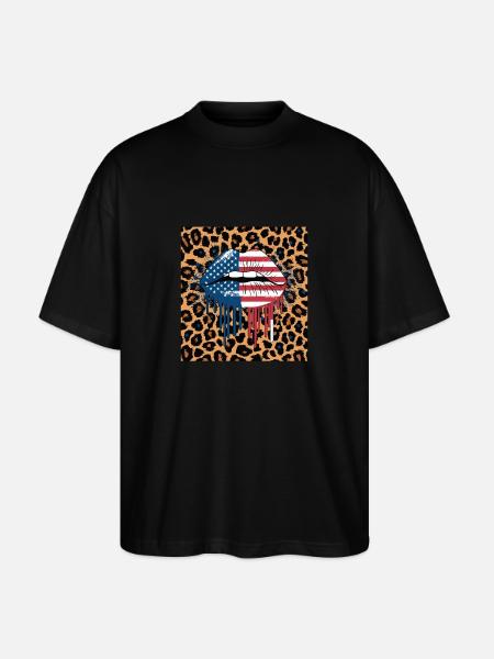 Leopard Lips with USA Flag - Stanley/Stella Oversized Unisex Organic T-shirt Blaster 2.0 - black