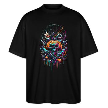 Cyber Skull Revolt: Neon Rebel Essence - Stanley/Stella Oversized Unisex Bio T-Shirt Blaster 2.0 - Schwarz - Vorne - Alina (178cm) & Michal (187cm)