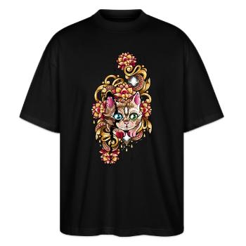 Cat treasures - Stanley/Stella Oversized Unisex Organic T-shirt Blaster 2.0 - black - Front - Alina (178cm) & Michal (187cm)
