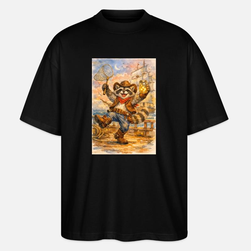 Waschbär-Cowboy mit Glühwürmchenglas - Stanley/Stella Oversized Unisex Bio T-Shirt Blaster 2.0 - Schwarz