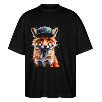 Fox Snapback Cap Cool Animal Design Print - Stanley/Stella Oversized Unisex Organic T-shirt Blaster 2.0 - black - Front - Alina (178cm) & Michal (187cm)