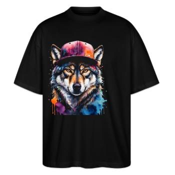Wolf Snapback Cap Colorful Animal Design Print - Stanley/Stella Oversized Unisex Organic T-shirt Blaster 2.0 - black - Front - Alina (178cm) & Michal (187cm)