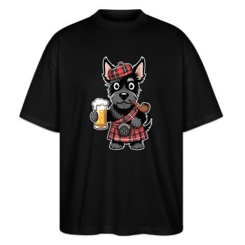 Schottischer Terrier Mit Bier und Pfeife - Stanley/Stella Oversized Unisex Bio T-Shirt Blaster 2.0 - Schwarz - Vorne - Alina (178cm) & Michal (187cm)