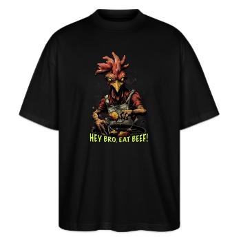 Bro BBQ Eat Beef - Stanley/Stella Oversized Unisex Bio T-Shirt Blaster 2.0 - Schwarz - Vorne - Alina (178cm) & Michal (187cm)