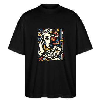 Cooles Techniker Kunst Geschenk - Stanley/Stella Oversized Unisex Bio T-Shirt Blaster 2.0 - Schwarz - Vorne - Alina (178cm) & Michal (187cm)