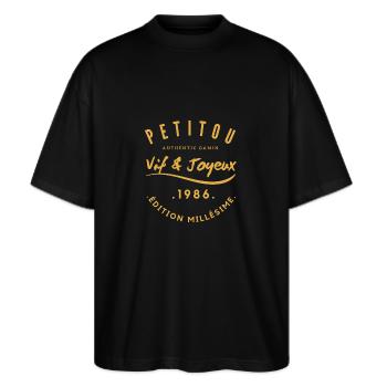 « Petitou 1986 » - T-shirt bio Blaster 2.0 coupe oversize Stanley/Stella Unisexe - noir - Devant - Alina (178cm) & Michal (187cm)