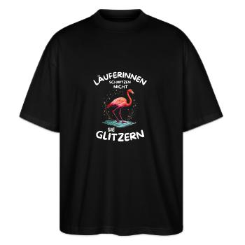 Läuferinnen schwitzen nicht sie glitzern Flamingo - Stanley/Stella Oversized Unisex Bio T-Shirt Blaster 2.0 - Schwarz - Vorne - Alina (178cm) & Michal (187cm)