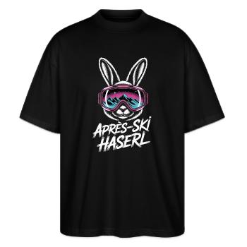 Apres Ski Haserl Hüttengaudi Skifahrerin Skihaserl - Stanley/Stella Oversized Unisex Bio T-Shirt Blaster 2.0 - Schwarz - Vorne - Alina (178cm) & Michal (187cm)