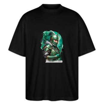 Gepanzerter Ritter, gekleidet in leuchtend grüne - Stanley/Stella Oversized Unisex Bio T-Shirt Blaster 2.0 - Schwarz - Vorne - Alina (178cm) & Michal (187cm)