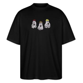 Spooky Buddies - Stanley/Stella Oversized Unisex Bio T-Shirt Blaster 2.0 - Schwarz - Vorne - Alina (178cm) & Michal (187cm)