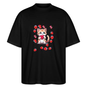 Années 80 Rétro Chat Chats Fraises Fraise Enfants - T-shirt bio Blaster 2.0 coupe oversize Stanley/Stella Unisexe - noir - Devant - Alina (178cm) & Michal (187cm)