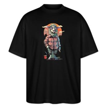 Kiffer Schaf Sheep Cannabis Haschisch Dorfjugend - Stanley/Stella Oversized Unisex Bio T-Shirt Blaster 2.0 - Schwarz - Vorne - Alina (178cm) & Michal (187cm)