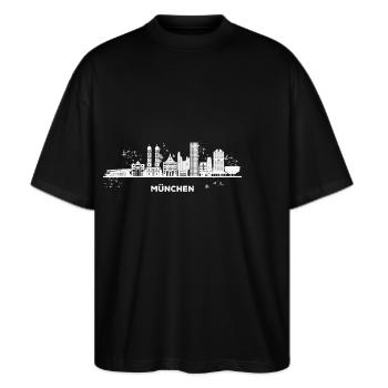 Münchener Skyline Bunt Stadtbild München - Stanley/Stella Oversized Unisex Bio T-Shirt Blaster 2.0 - Schwarz - Vorne - Alina (178cm) & Michal (187cm)