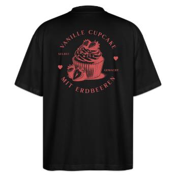 Vanille Cupcake mit Erdbeeren, Oberteil/Accessoire - Stanley/Stella Oversized Unisex Bio T-Shirt Blaster 2.0 - Schwarz - Hinten - Alina (178cm)