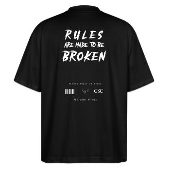 rules are made to be broken Motorrad BACKPRINT - Stanley/Stella Oversized Unisex Bio T-Shirt Blaster 2.0 - Schwarz - Hinten - Alina (178cm)
