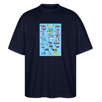 ABC Alphabet Poster - Verkehrsmittel - Fahrzeuge - Stanley/Stella Oversized Unisex Bio T-Shirt Blaster 2.0 - Navy - Vorne - Alina (178cm) & Michal (187cm)
