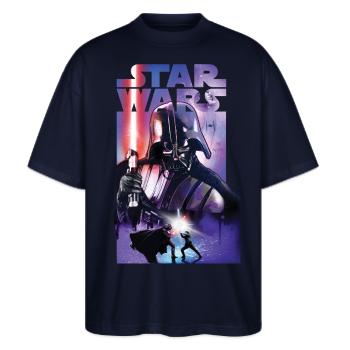 Star Wars Darth Vader Motiv Mit Rotem Lichtschwert - Stanley/Stella Oversized Unisex Bio T-Shirt Blaster 2.0 - Navy - Vorne - Alina (178cm) & Michal (187cm)