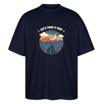 Natur Reisen Van Life Geschenk - Stanley/Stella Oversized Unisex Bio T-Shirt Blaster 2.0 - Navy - Vorne - Alina (178cm) & Michal (187cm)