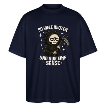 So Viele Idioten Und Nur Eine Sense Cat, Sarkasmus - Stanley/Stella Oversized Unisex Bio T-Shirt Blaster 2.0 - Navy - Vorne - Alina (178cm) & Michal (187cm)