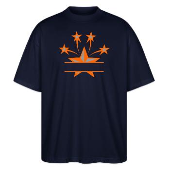 Stern orangegrau mit Balken zwischen eigenem Text - Stanley/Stella Oversized Unisex Bio T-Shirt Blaster 2.0 - Navy - Vorne - Alina (178cm) & Michal (187cm)