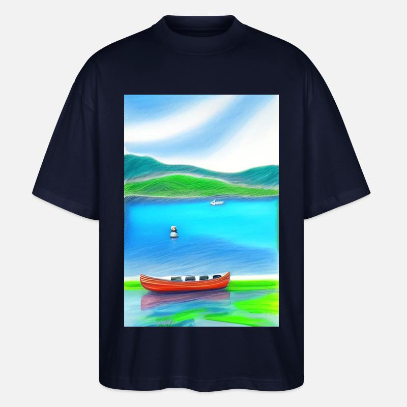Landschaft mit See, Boot und Berge - Stanley/Stella Oversized Unisex Bio T-Shirt Blaster 2.0 - Navy