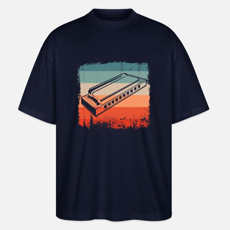 Retro Harmonica Player Silhouette - Stanley/Stella Oversized Unisex Organic T-shirt Blaster 2.0 - navy