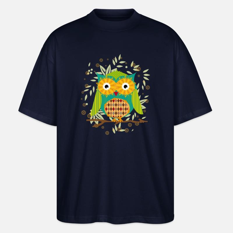 kunstvoll gestaltete Eule mit Patchwork-Muster - Stanley/Stella Oversized Unisex Bio T-Shirt Blaster 2.0 - Navy