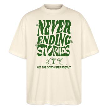 Never Ending Stories – Naturverbunden - Stanley/Stella Oversized Unisex Bio T-Shirt Blaster 2.0 - Natur - Vorne - Alina (178cm) & Michal (187cm)