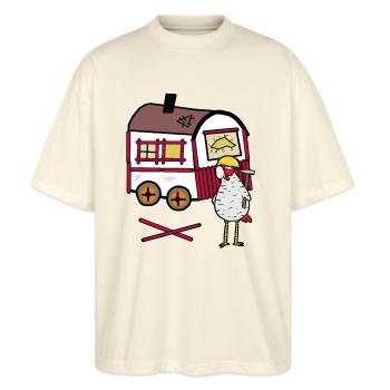 Bauwagen Handwerker Huhn Werkzeug Timyhaus - Stanley/Stella Oversized Unisex Bio T-Shirt Blaster 2.0 - Natur - Vorne - Alina (178cm) & Michal (187cm)