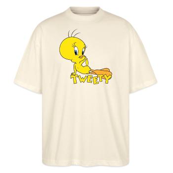 Looney Tunes Tweety Pose - Stanley/Stella Oversized Unisex Bio T-Shirt Blaster 2.0 - Natur - Vorne - Alina (178cm) & Michal (187cm)