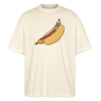 entspannte Bockwurst im Brötchen - Stanley/Stella Oversized Unisex Bio T-Shirt Blaster 2.0 - Natur - Vorne - Alina (178cm) & Michal (187cm)