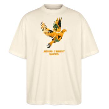 Jesus rettet - Stanley/Stella Oversized Unisex Bio T-Shirt Blaster 2.0 - Natur - Vorne - Alina (178cm) & Michal (187cm)