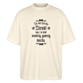 In am Dirndl dad i di gamsig mocha -Farbwechsel - Stanley/Stella Oversized Unisex Bio T-Shirt Blaster 2.0 - Natur - Vorne - Alina (178cm) & Michal (187cm)