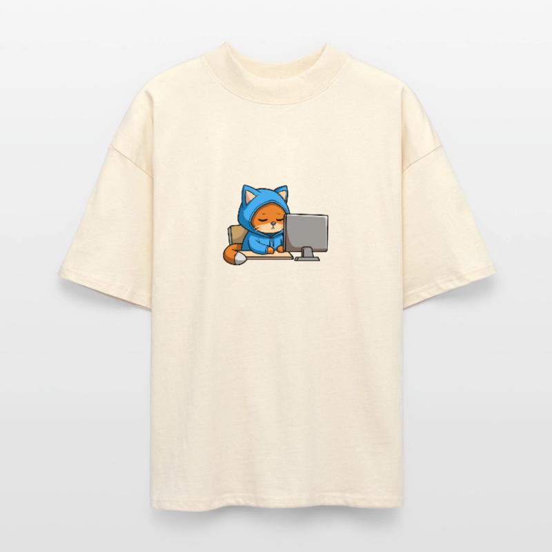 Un chat hacker mignon dort dans un sweat à capuche devant le PC T-shirt bio Blaster 2.0 coupe oversize Stanley/Stella Unisexe