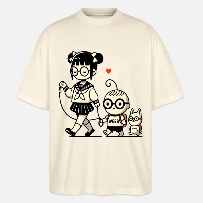 japanisches Schulmädchen, kleiner Brudermit Hund - Stanley/Stella Oversized Unisex Bio T-Shirt Blaster 2.0 - Natur