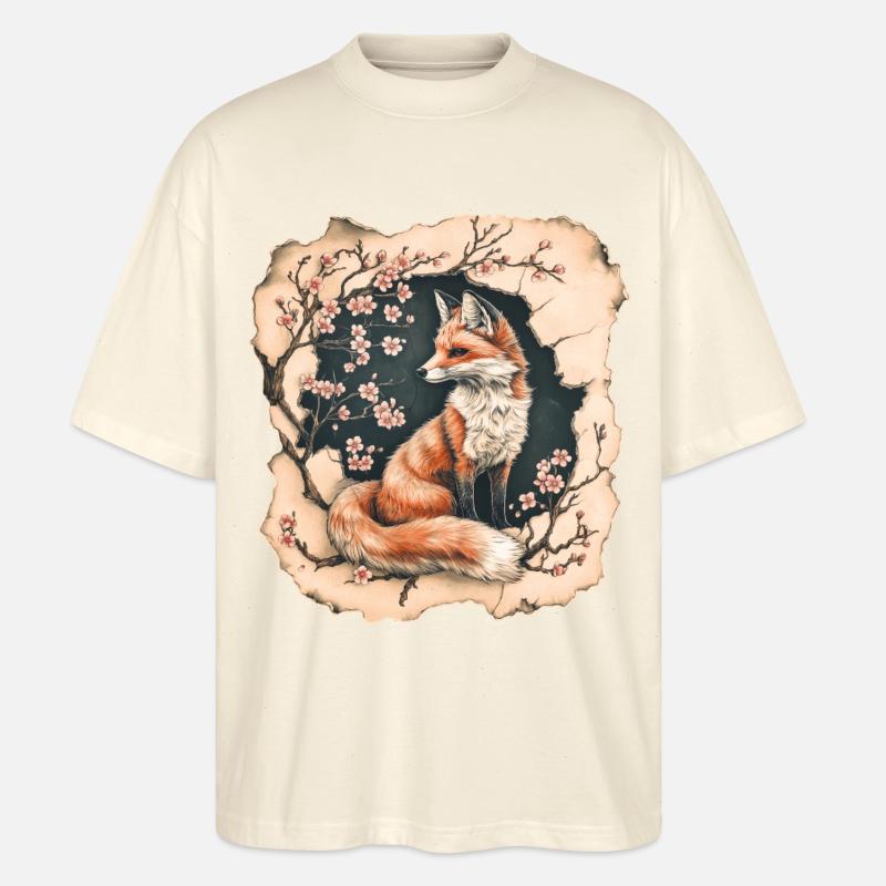 Fuchs mit Kirschblüten - Stanley/Stella Oversized Unisex Bio T-Shirt Blaster 2.0 - Natur