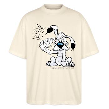 Asterix & Obelix Idefix Klopft Toc Toc Toc - Stanley/Stella Oversized Unisex Bio T-Shirt Blaster 2.0 - Natur - Vorne - Alina (178cm) & Michal (187cm)
