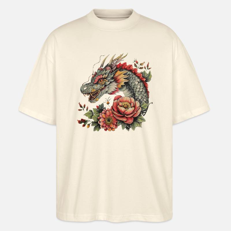 Dragon avec des fleurs - T-shirt bio Blaster 2.0 coupe oversize Stanley/Stella Unisexe - écru doux