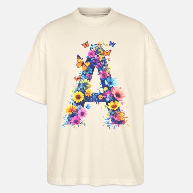 A - Lettre initiale florale 💐🌼🦋 - T-shirt bio Blaster 2.0 coupe oversize Stanley/Stella Unisexe - écru doux