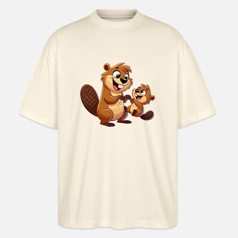 Bibermutter mit herumtollendem Kind - Stanley/Stella Oversized Unisex Bio T-Shirt Blaster 2.0 - Natur
