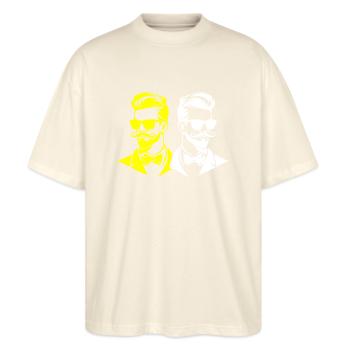Junggesellenabschied Bräutigam - Stanley/Stella Oversized Unisex Bio T-Shirt Blaster 2.0 - Natur - Vorne - Alina (178cm) & Michal (187cm)